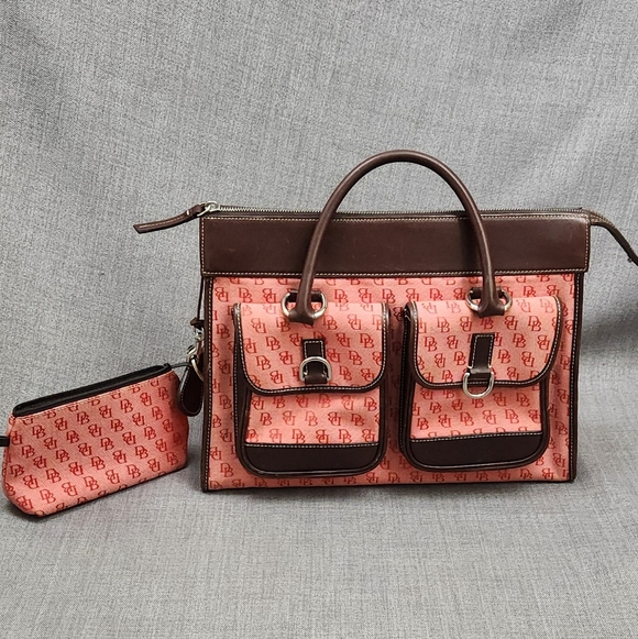 Dooney & Bourke Handbags - Vintage Dooney and Bourke Double Pocket Pink Monogram Logo Tote With Coin Purse